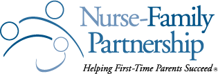 Nurse-Family Partnership logo, blue title text with 3 blue stick figures intertwined beside.